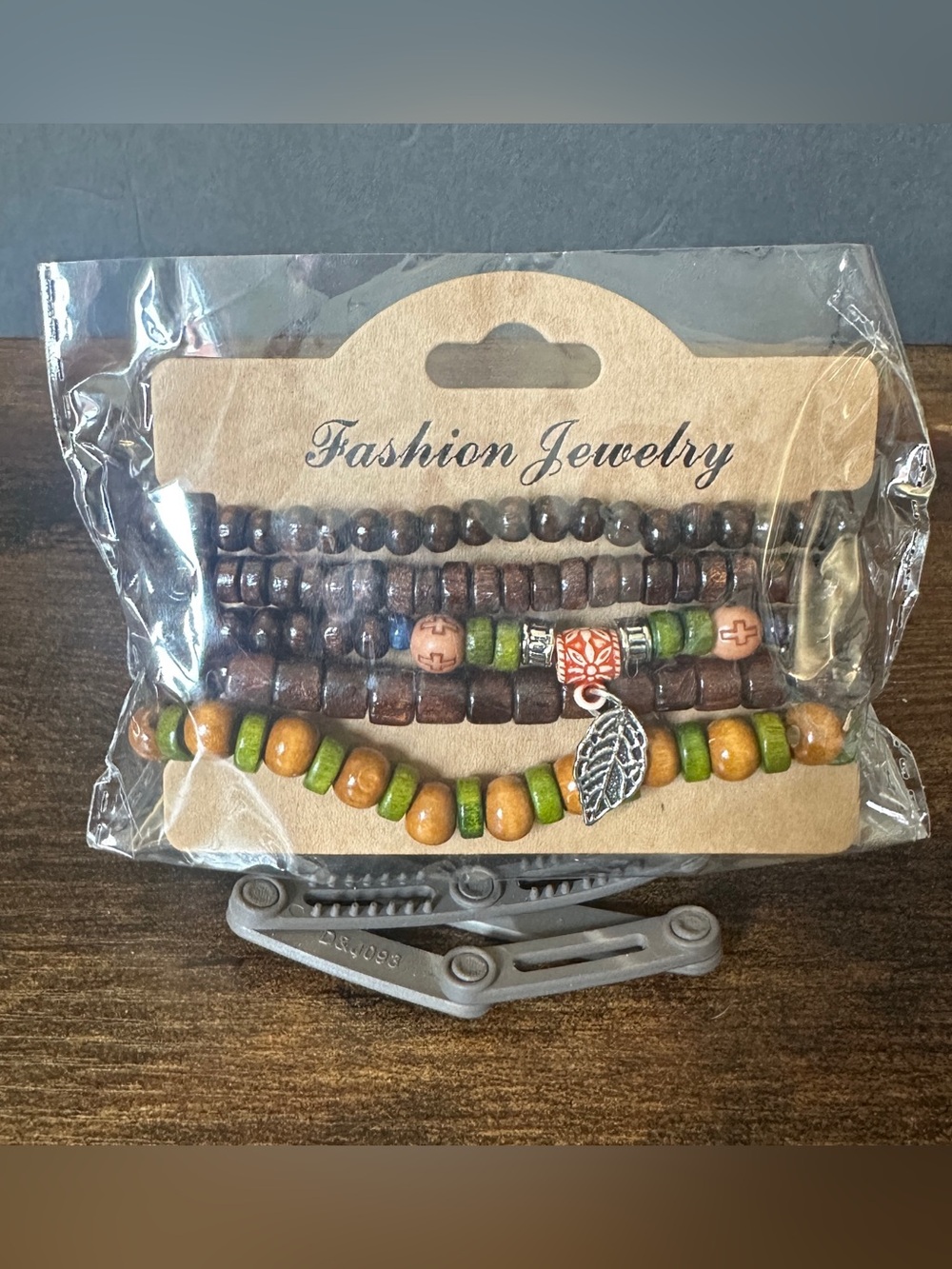 Boho Green and Brown Layered Beaded Bracelet with Leaf Charm